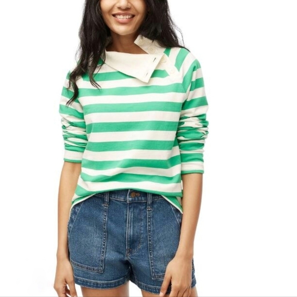 J. Crew Tops - J. Crew Kelly Green Striped Wide Button Collar Rugby Sweatshirt SZ Medium Preppy